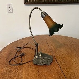 Vintage Orange Green Glass Flower Shade Goose Neck Lily Pad Base Desk Table Lamp